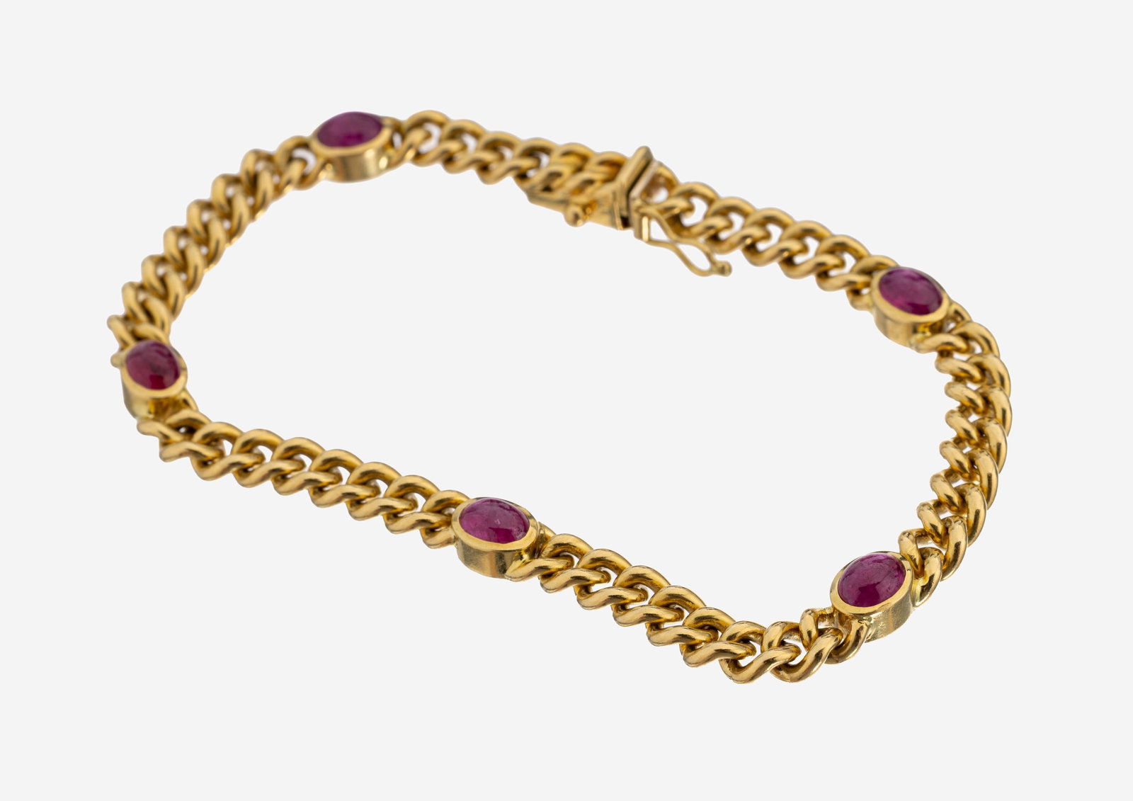 18 kt gold ruby-bracelet: 18 kt gold ruby-bracelet , YG 750/000, 5 oval ruby-cabochons total approx. 4.50 ct, l. approx. 19 cm, case lock with safety eight, approx. 23.9 g