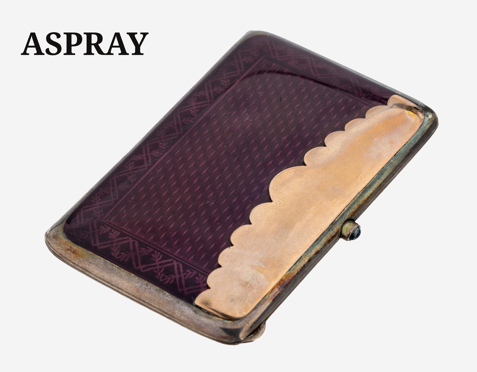 Business card case, England London 1929: Business card case, England London 1929 , signed ASPREY, silver 925, partly gilt, distributor Stockwell & Co., import mark for London, on both sides translucent lilac enameled on fine needle etching