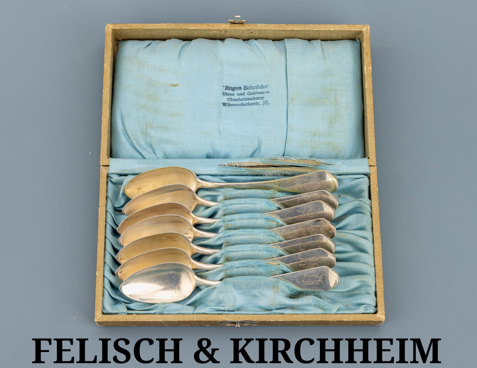 Set of 7 coffee spoons, Germany, approx. 1900: Set of 7 coffee spoons, Germany, approx. 1900 , silver (800), plain stems with shovel-shaped terminals, monogram 'HL', l. approx. 13.4 cm, approx. 113.5 g, maker: Felisch & Kirchheim, in original fitt