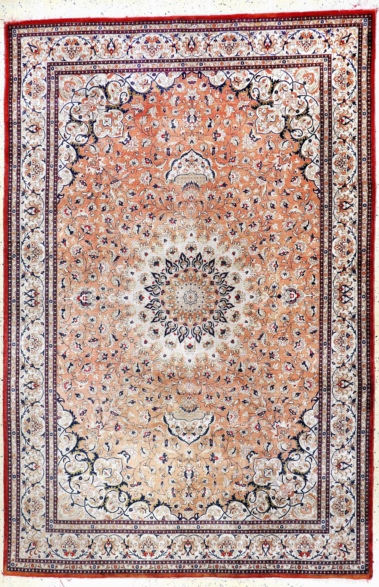Qum silk, Persia, mid-20th century, pure natural: Qum silk, Persia, mid-20th century, pure natural silk, approx. 300 x 200 cm, discolored, condition: 3. Rugs, Carpets & Flaweaves