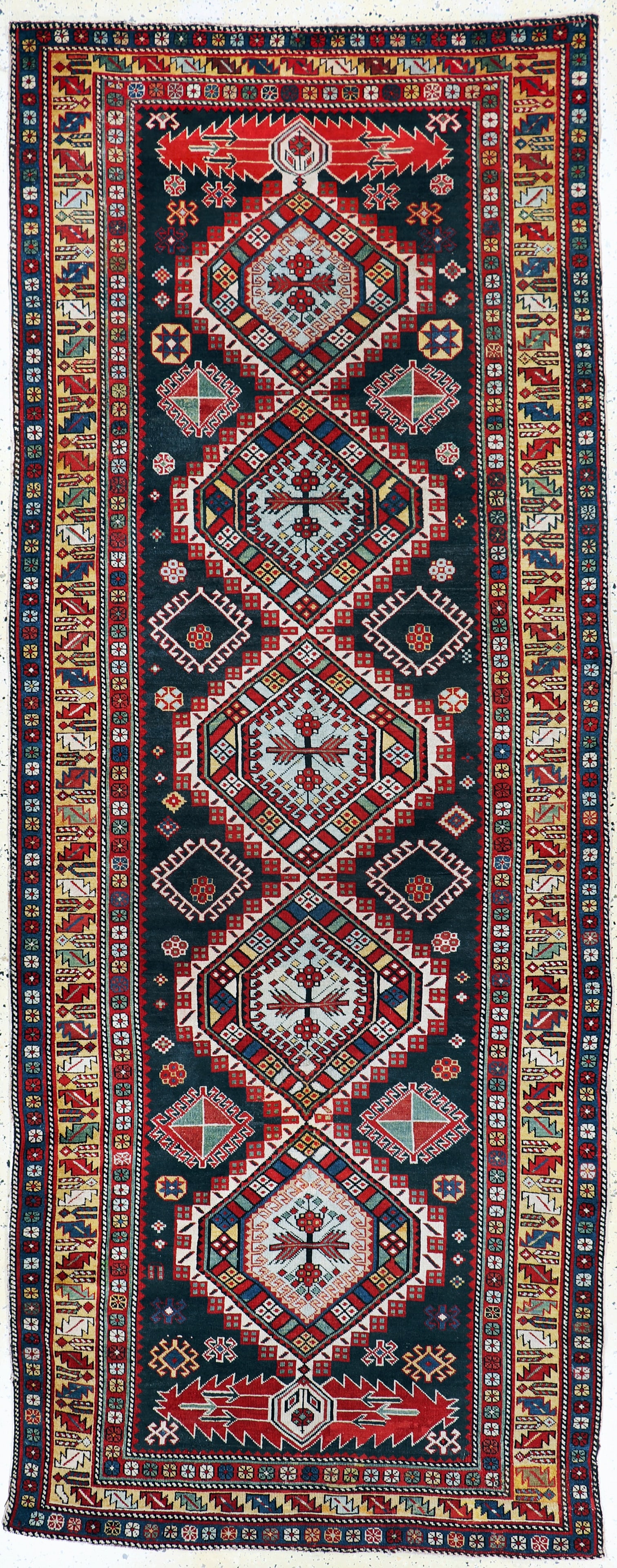 #'Shulaver#'Kazak antique, Caucasus, 19th century: #'Shulaver#'Kazak antique, Caucasus, 19th century, wool on wool, approx. 325 x 127 cm, condition: 2-3, (restored). Rugs, Carpets & Flaweaves