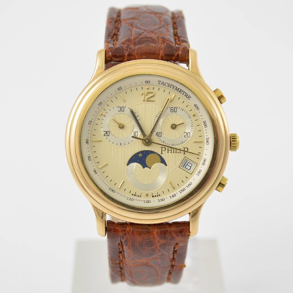 PHILIP chronograph with moon phase & date in 18k gold