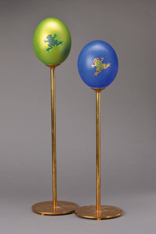Pair of decorative objects, ostrich eggs,