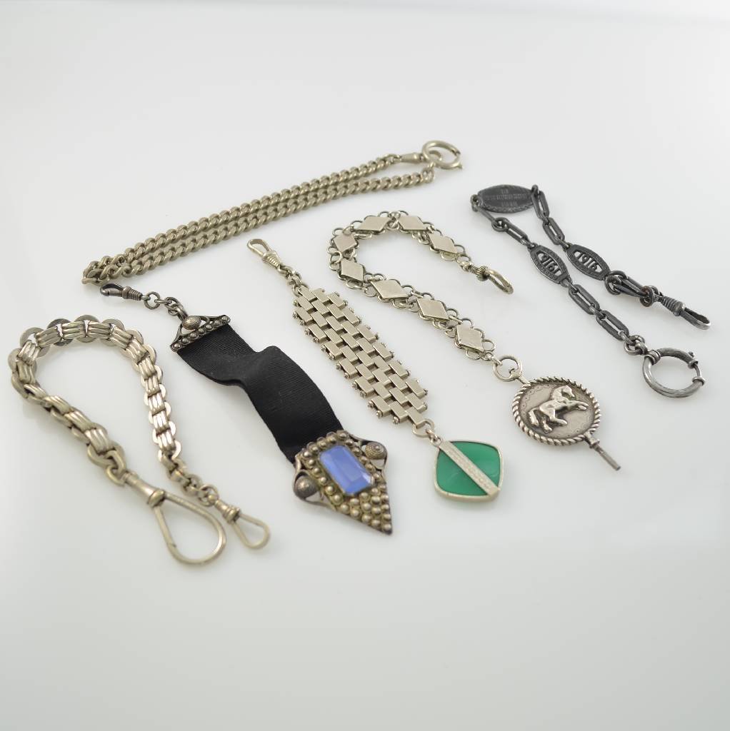 Set of 4 pocket watch chains & 2 chatelaines