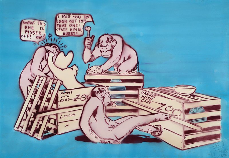 Pure Evil, born 1968, stencil, spray/paper: Pure Evil, born 1968, popular Street-Art artist, here: stencil, spray/paper, signed lower right, motif approx 64x93 cm, framed under glass *