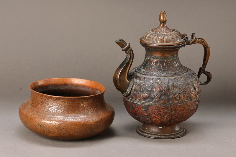 2 parts, Pakistan, around 1900: 2 parts, Pakistan, around 1900, bowl, finelyengraved, inscription, copper, strong traces of use, remains of ancient tinning, D. approx.23 cm, pot, Nepal/Western Tibet, 20th c., copper, with rich Buddh