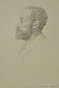 Alphonse Legros, 1837-1911: Alphonse Legros, 1837-1911, Portrait of a gentleman in profile, pencil drawing, signed and dedicated: a mon ami des-Clayes, slightly tanned, corners mounted on cardboard, about 28x21cm
