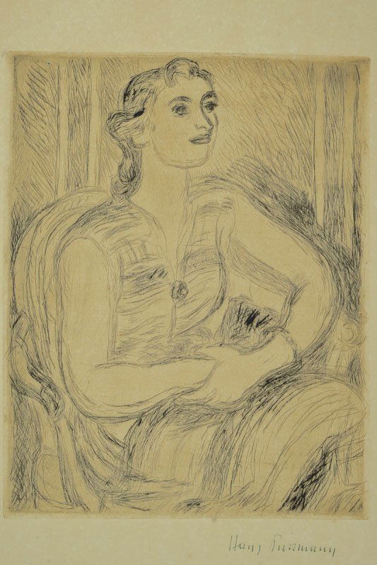 Hans Purrmann, 1880-1966: Hans Purrmann, 1880 Speyer-1966 Portrait of Eva Maria Henschel, drypoint, signed lower right hand, approx 27.5x20.5cm, heavily tannedand slightly stained, under glass, frame, created in 1960, cf. Ref