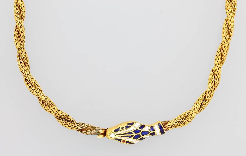 Biedermeier necklace with enamel, german approx. 1835,: Biedermeier necklace with enamel, german approx. 1835, metal gilded, clasp in the form of a snakehead blue white enameled, l. approx. 39 cm
