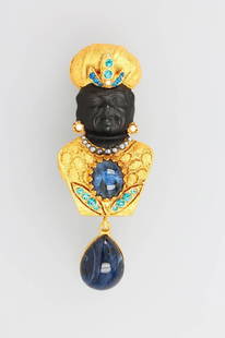 Costume jewelry brooch blackamoor, ASKEW LONDON,: Costume jewelry brooch blackamoor, ASKEW LONDON, metal gold plated, signed, half plastic, head made of matt finished black glass, ornaments made of colorfully glass stones, movable suspension, l. appr