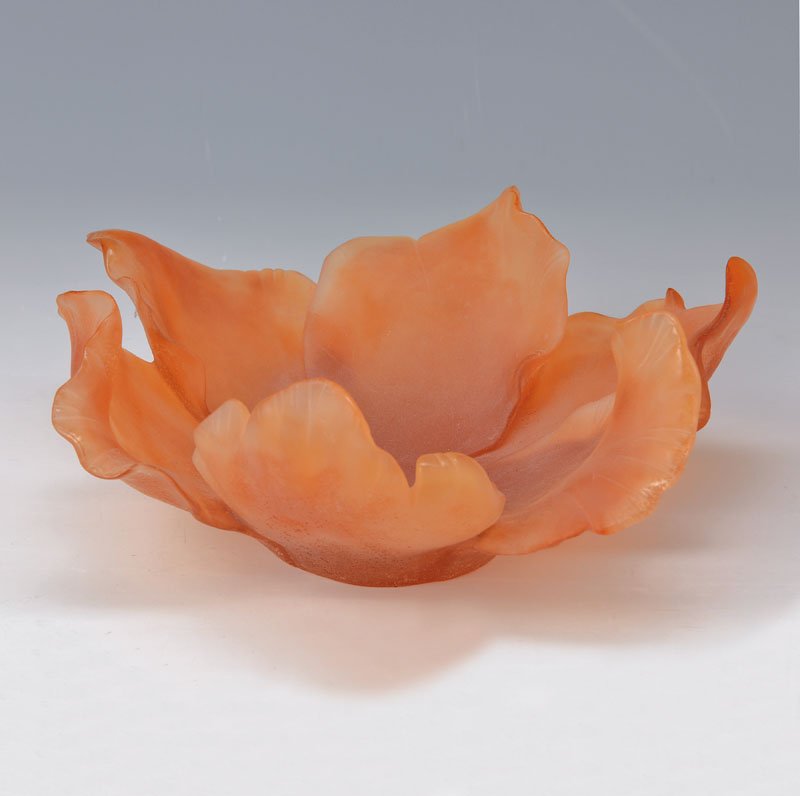 bowl, Daum Nancy, 1960: bowl, Daum Nancy, 1960, amber glass, frosted, signed, in the form of a flower, H.ca.11cm, D.ca.27cm