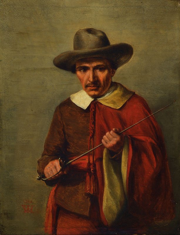 William Henry Heins, 1812-1884: William Henry Heins, 1812 St. Pancras- 1884 London, cavalier with weapon ready for revenge, verso English titled 'Waiting for revenge', oil / canvas, monogrammed, about 28x22cm, frame