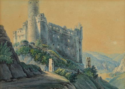 Christian Georg Schütz, Florsheim: Christian Georg Schütz, Florsheim 1758-1823, ('the cousin'), view of a castle, watercolor on paper, signed lower left and dated January 1814, about 20x28cm, under glass, frame