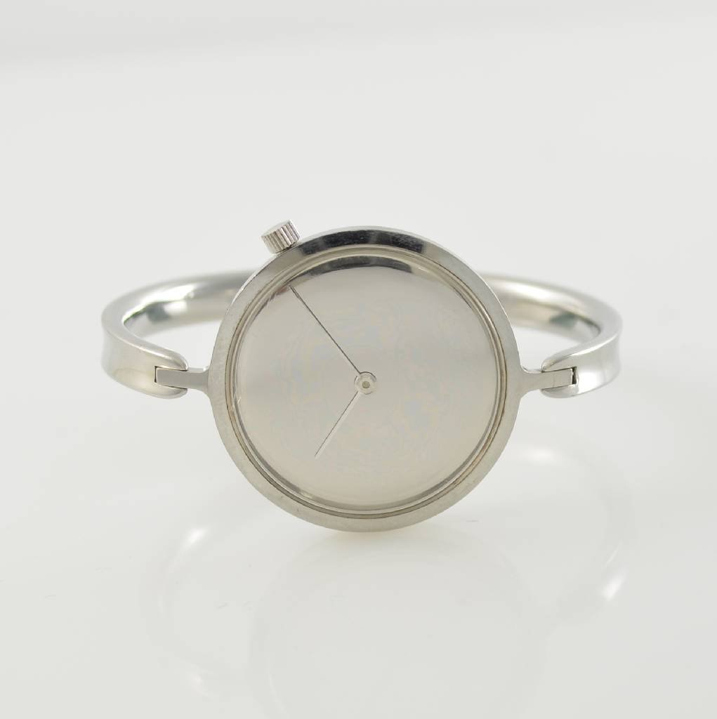 GEORG JENSEN designer wristwatch: GEORG JENSEN designer wrist watch, around 1970, manual winding, stainless steel including stainless steel clasp, thin design, mirrored dial, important Scandinavian design, signed GEORG JENSEN Stainles