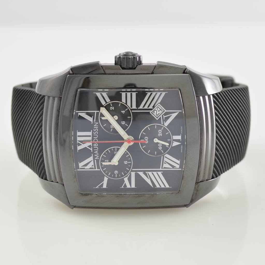 MAUBOUSSIN chronograph wristwatch Delit: MAUBOUSSIN chronograph wristwatch Delit, Switzerland/France around 2008, reference R- 906, blackened stainless steel case including original rubber strap with original butterfly clasp, sapphire crysta