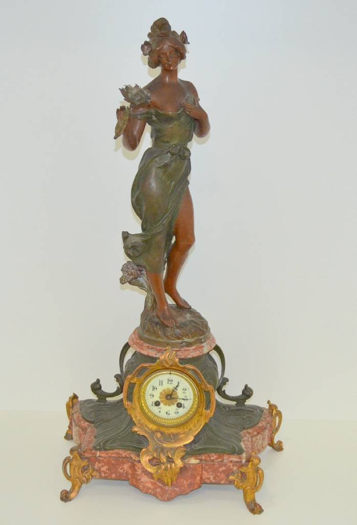 Mantel clock France around 1900: Mantel clock France around 1900, marble base with metal applcation & Fortuna, enamel dial, movement with hour-strike on bell, key & pendulum) enclosed, figure signed Meliotrope Par Causse & J Causse,