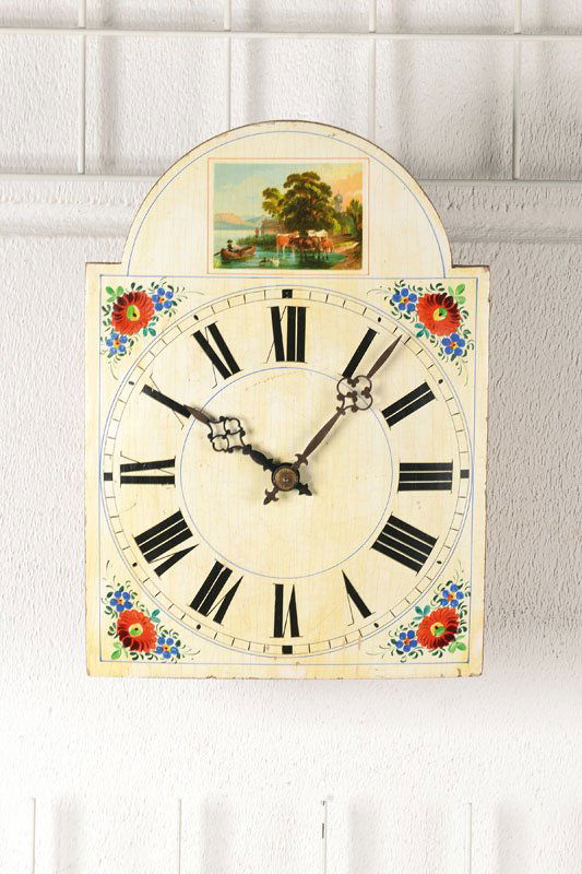 Wall Clock, Black Forest: Wall Clock, Black Forest around 1880-90, floral painted broke-arch dial, slightly embossed digits rimg, iron fingers, large wooden plate movement, metal spindled, doors Secondary, anchor escapement, h