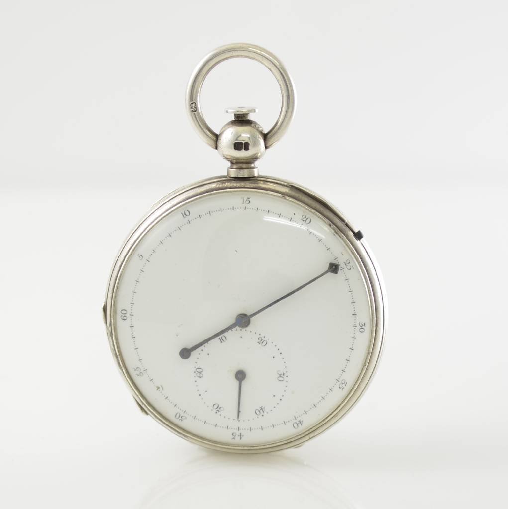 J. W. BENSON very rare ink writer stop watch in silver: J. W. BENSON very rare ink writer stop watch in sterling silver, England 1866, smooth open hinge case, key winding, to stop by pusher in pendant, 3/4-board movement under gold-plated dust protection,