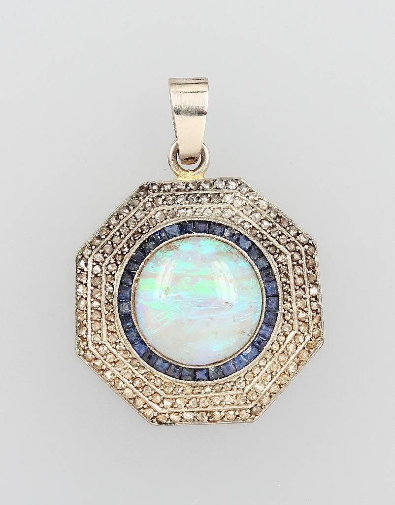 Platinum pendant with opal, diamonds and sapphire (1 of 1)
