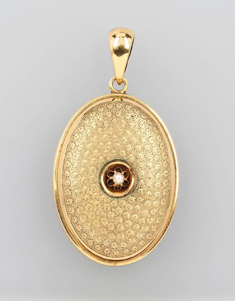 Biedermeier locket pendant with pearl, YG 585/000 and: Biedermeier locket pendant with pearl, YG 585/000 and metal gilded , approx. 1890/1910s, swiveling, backside sl. dented, closing mechanism defect