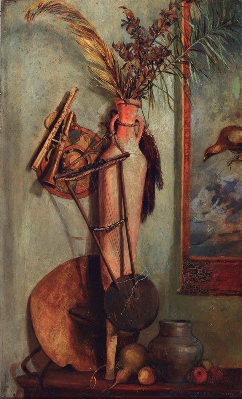 Helene Bednarik, 1883-1939: Helene Bednarik, 1883-1939, still life with amphora, musical instruments and fruits, oil /wood, signed lower right and inscribed Vienna,minor Signs of age, approximately 54 x 32 cm