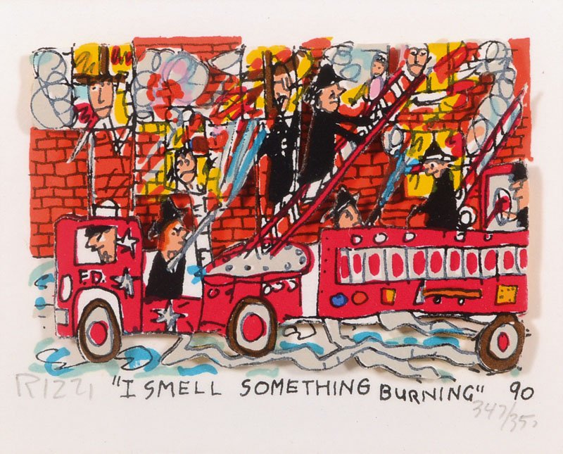 James Rizzi, 1950-2011, 3D-lithograph, I Smellsomething: James Rizzi, 1950-2011, 3D-lithograph, I Smellsomething Burning, signed and numbered 347/350, approx 6x8 cm, PP ****************************************************************************************