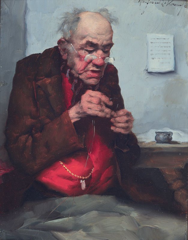 Robert Frank-Krauss, 1893-1950: Robert Frank-Krauss, 1893 Fürth -1950 Munich, old man when threading the sewing thread, oil / wood, signed, approx 22x16cm, frame