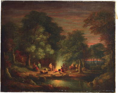 Attribution: William Traies: Attribution: William Traies 1789 Crediton-1872Exeter, people at a bonfire, oil / canvas, relined, about 41x50cm, frame