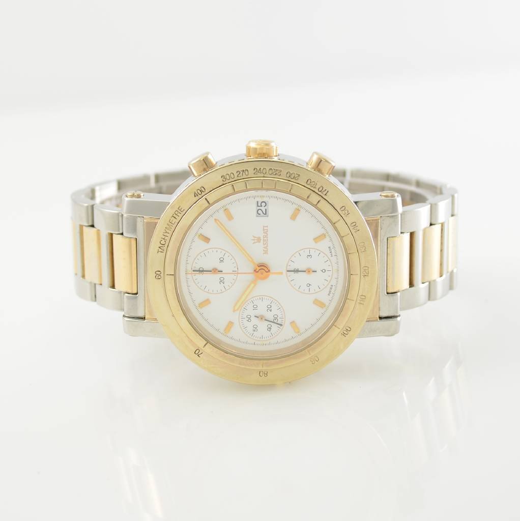 MASERATI self winding chronograph model Neptun: MASERATI chronograph model Neptun, self winding, Switzerland 1990`s, stainless steel case including bracelet with butterfly buckle partial gold-plated, on both sides glazed, snap on case back, bezel w
