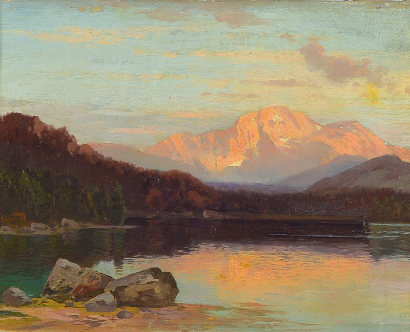 landscape painter of the 19th C.: landscape painter of the 19th century in the style of Carl Rottmann, 1797-1850, The high Göhl at Berchtesgaden with the Hintersee in the sunset, oil / canvas, unsigned, about 25.5x35cm, frame