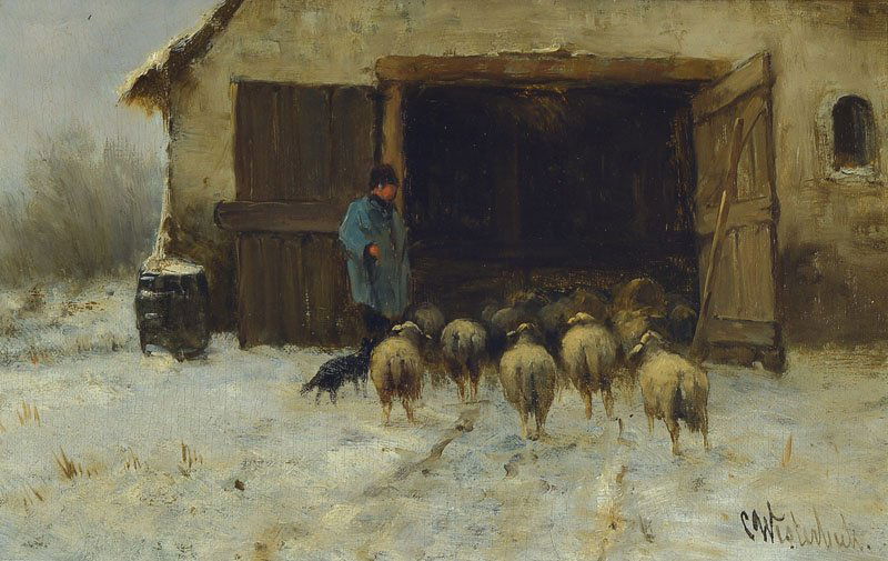 Cornelis Westerbeek, 1844-1903: Cornelis Westerbeek, 1844 Sassenheim - 1903 Den Haag, winter landscape with sheep and shepherds, the sheep are driven into the stable, oil / wood, signed lower right, ca. 21x 32 cm