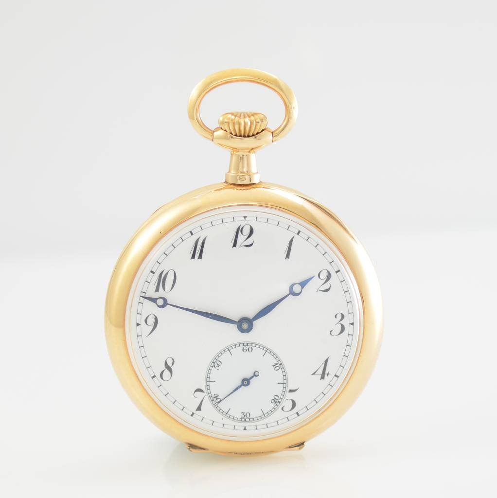 RUDOLPHE UHLMANN 14k pink gold open face pocket watch: RUDOLPHE UHLMANN 14k pink gold open face pocket watch, Switzerland around 1910, smooth two-cover gold case, two-piece construction enamel dial with Arabic numerals & railway minute track, blued steel 
