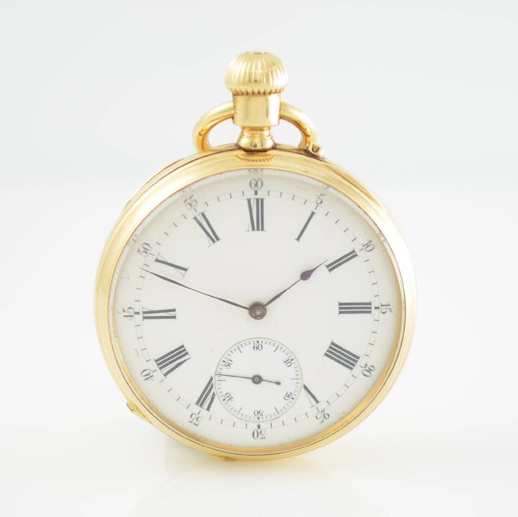 Open face 18k yellow gold pocket watch: Open face 18k yellow gold pocket watch, Switzerland around 1870, engine-turned case back with partial enamelled monogram, hinged gold-cuvette with dedication engraving, enamel dial with Roman hours & 