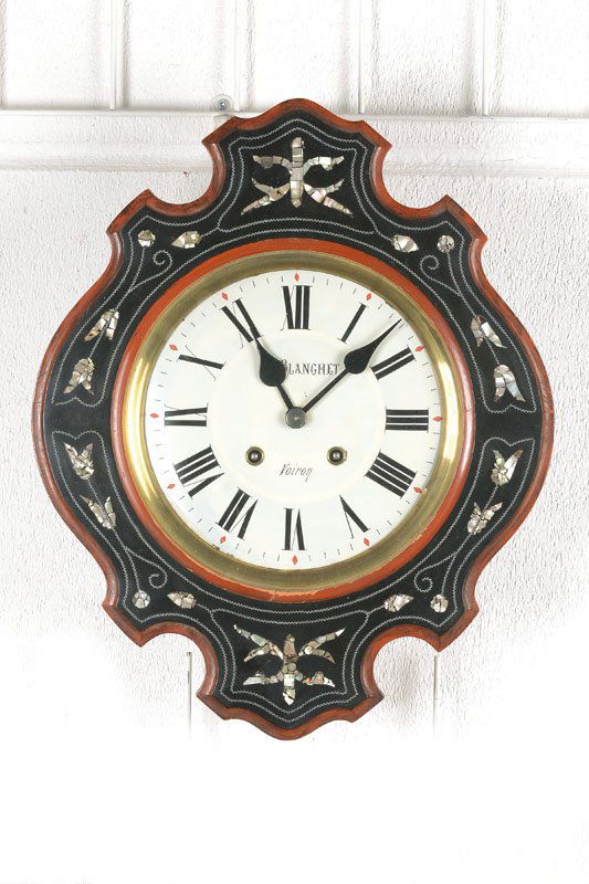 wall clock, with rare work: wall clock, with rare work,France, around 1900, wood front with mother of pearl inlays, Metal dial colorful painted, larger conical brass plate movement, in the center divided back board, Brocot-escap