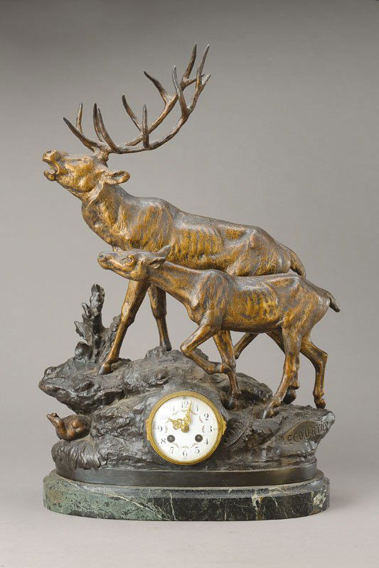 Large pendulum, France: Large pendulum, France, around 1900, green veined marble pedestal, animal crown on stylized rock,in crevice in the front with 2 young ducks, decorated glass lid, enamel dial with floral Arcades, half