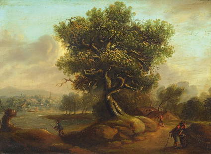 Christian Georg Schütz: Christian Georg Schütz, 1718 Flörsheim-1791 Frankfurt / Main, individuals with powerful oak in front of the village, oil / wood, unsigned, about 21x29cm, frame