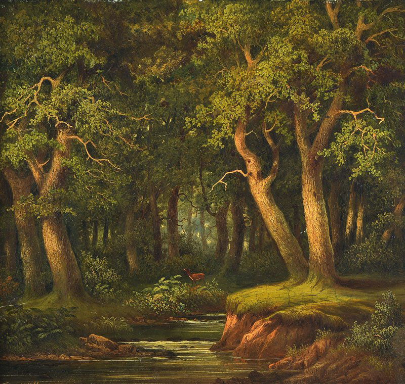 Theodor Müller, 1821-1888: Theodor Müller, 1821 Hamburg-1888 Hoxter, deerin oak forest, oil / metal, signed lower left and dated 1870, about 31x34cm, frame