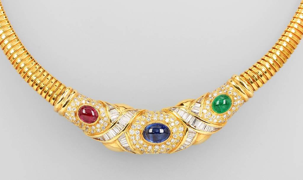 18 kt gold necklace with coloured stones and diamonds (1 of 1)
