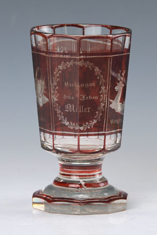 keepsake glass, Bohemia: keepsake glass, Bohemia, 2.h.19.th c., colorless glass faceted, partially ruby red, 5etched cartridges: Verlängere das Leben Miller: Vergnügen, Gesundheit, Glück and Freude, H. approx. 13.5cm
