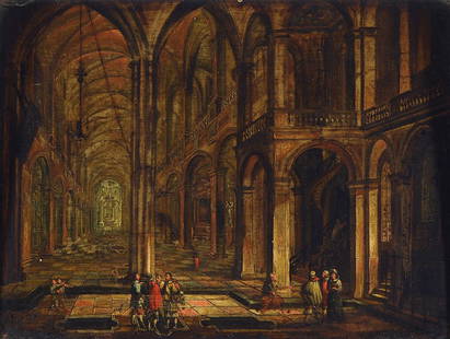 Christian Stöcklin: Christian Stöcklin, 1741 Geneva - 1795, Frankfurt / Main, known for his church interiors and landscapes of ruins, church interior with figures, skillful architectural painting, two-storey interior wi