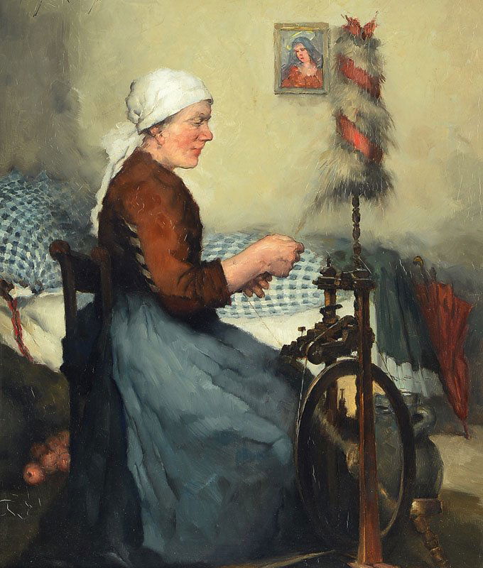 Robert Frank-Krauss: Robert Frank-Krauss, 1893 Fürth-1950 Munich, young woman at a spinning wheel in her chamber, oil / wood, signed, approx 38x32 cm, frame