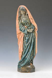 André Metthey: André Metthey, 1871 - 1920, famous Parisian ceramist, qualifies as innovator of the Frenchceramic, here:: figure of a saint, ceramic, green glaze with antique pink layer, this withknob decor, elabora