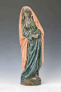 André Metthey: André Metthey, 1871 - 1920, famous Parisian ceramist, qualifies as innovator of the Frenchceramic, here:: figure of a saint, ceramic, green glaze with antique pink layer, this withknob decor,