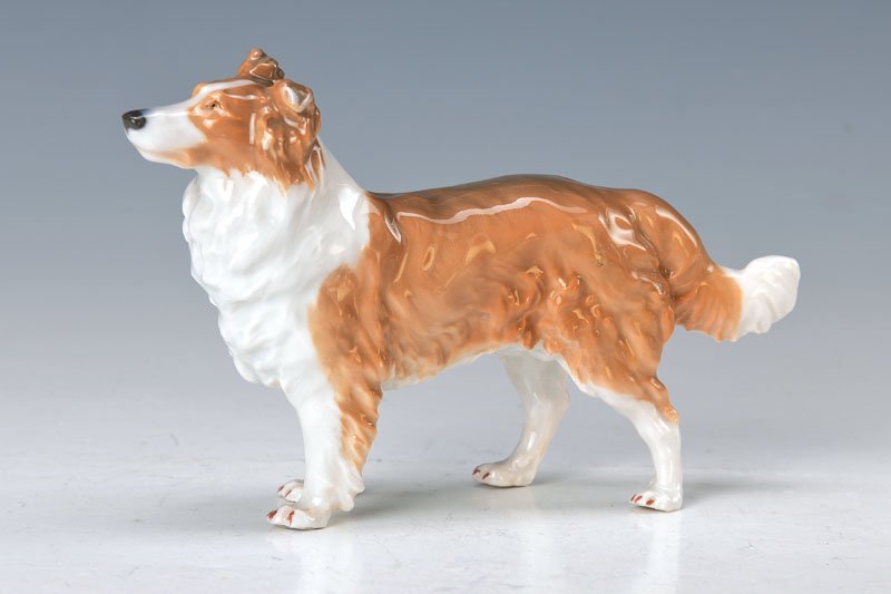figurine, Meissen: figurine, Meissen, around 1905, Collie, designed by Erich Oskar Hösel 1905, Model no. 110, naturalistic under glaze painting, approx. 10.5x17 cm