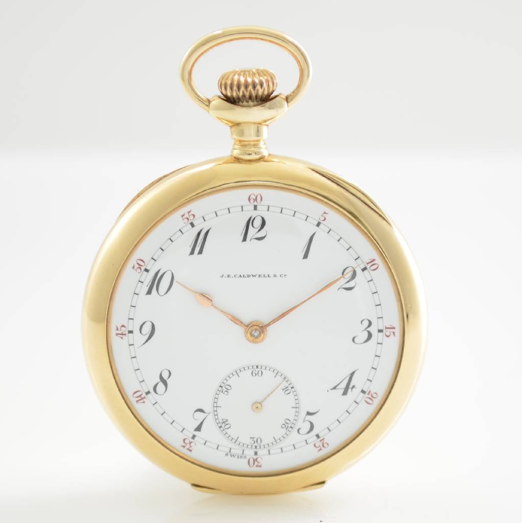 VACHERON & CONSTANTIN open face 14k gold pocket watch: VACHERON & CONSTANTIN open face 14k yellow gold pocket watch for J. E. Caldwell & Co., Switzerland/USA around 1910, smooth 2 cover gold case, cuvette & inside case back with dedication engraving, case