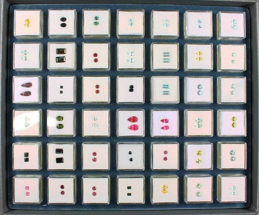 Tray with 42 boxes with different coloured stone (1 of 1)