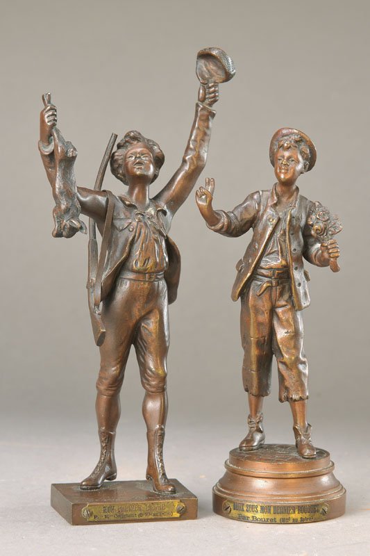 two Bronze sculptures: two Bronze sculptures: Maurice Constant and Eutrope Bouret, Bouret Deux Sous MonDenier Bouquet, H. 18 cm, Maurice Constant Mon Premier Lievre, H. 22 cm, both aeruginous, minor traces of age