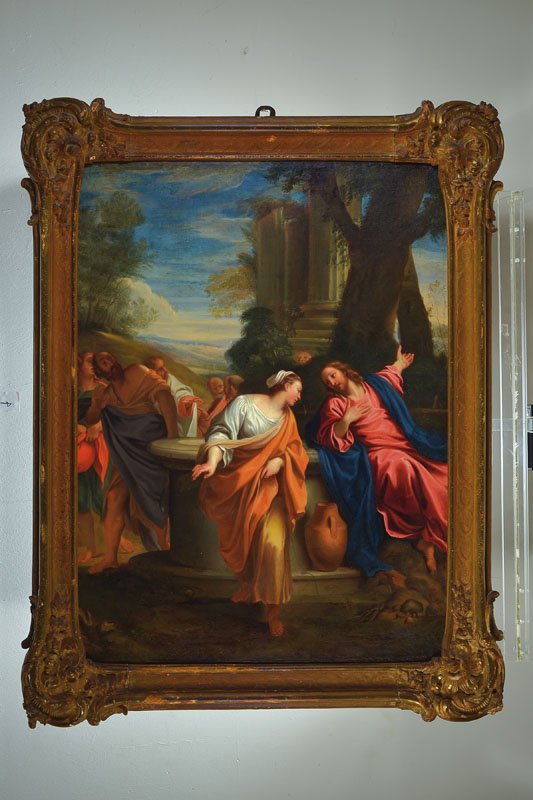Circle of Agostino Masucci: Circle of Agostino Masucci, 1691-1758 Rome, Christ encounters with Samaritain at the fountain, in the background a temple and the astonished disciples, oil / canvas, restored, relined, about 84x66cm,