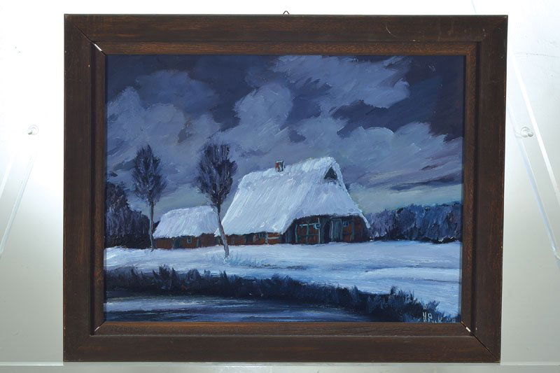 Hans Pick: Hans Pick, born 1931 Düren, Worpsweder painter, homestead in winter, oil / masonite, signed lower right and dated. 84, about 30x40cm, frame