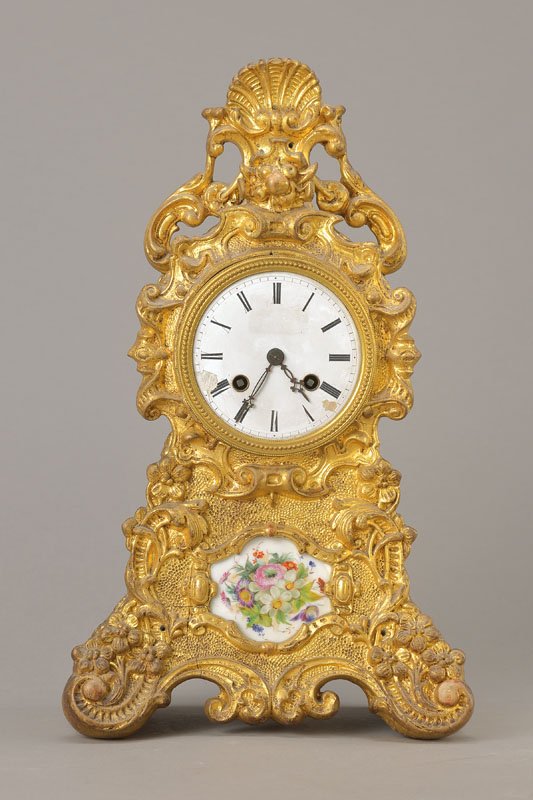 Pendulum, France: Pendulum, France, around 1850, wood housing with papier mache and ancient gilding (darkened), small appliqué in crown under clammissing, porcelain inlay with floral painting,enamel dial (damaged), Pe